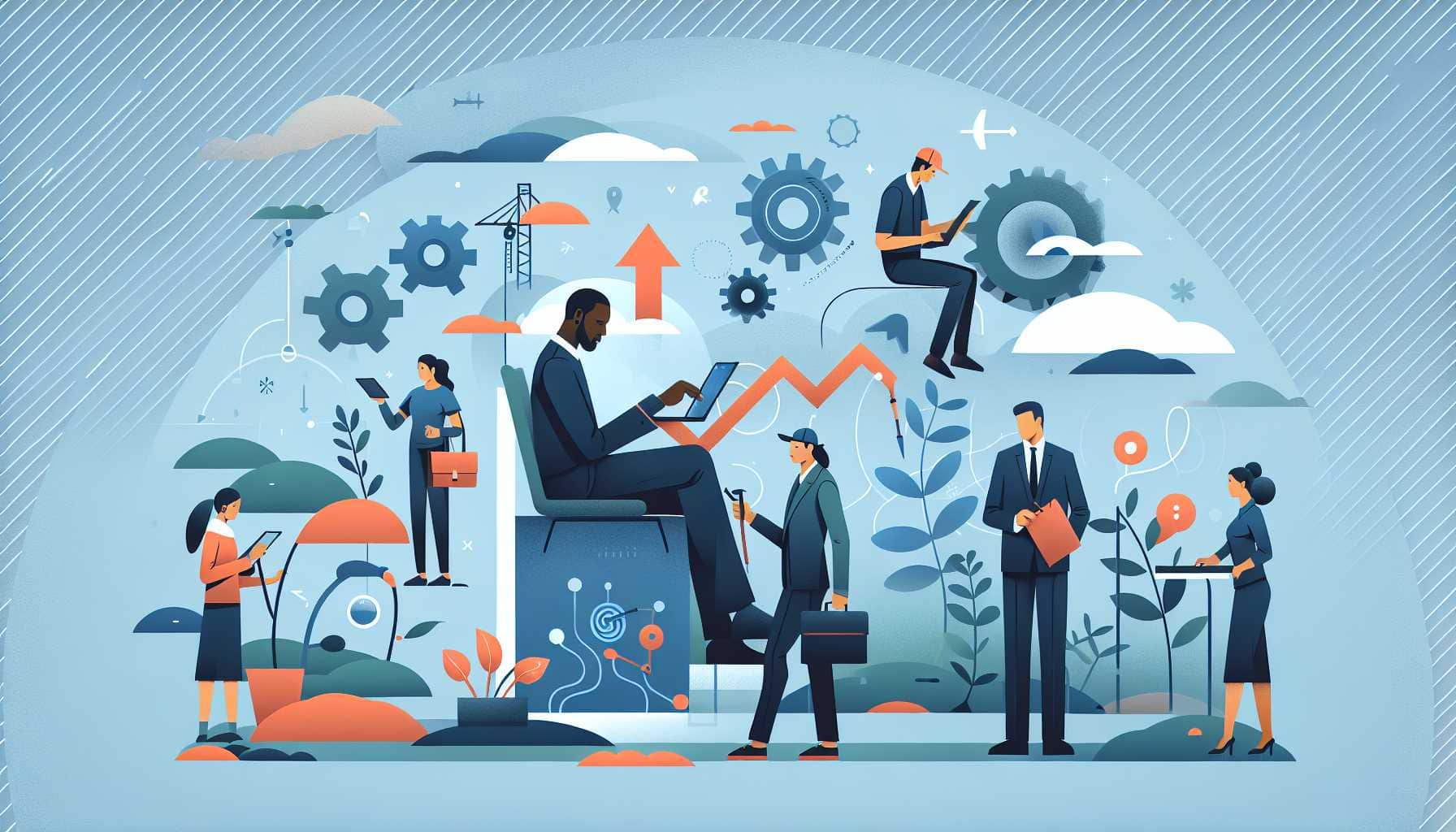 Illustration of diverse individuals engaged in skills-based hiring activities