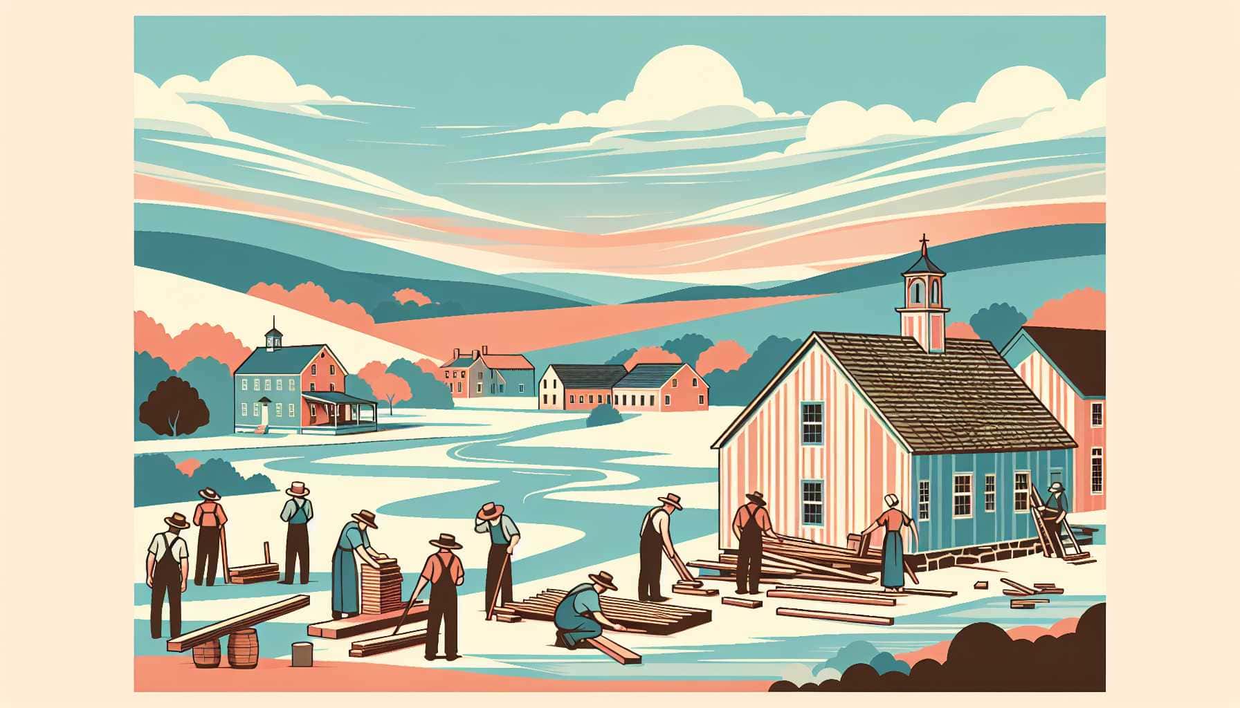 Illustration of Amish volunteers rebuilding