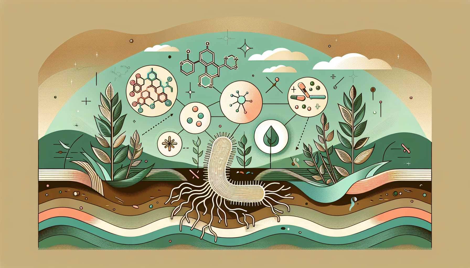 Illustration of soil bacterium interacting with wood fragments