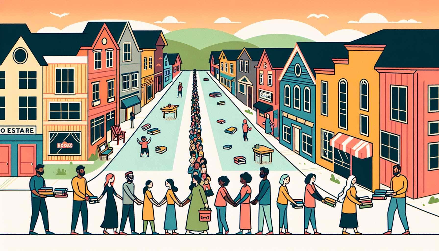 Illustration of community members passing books