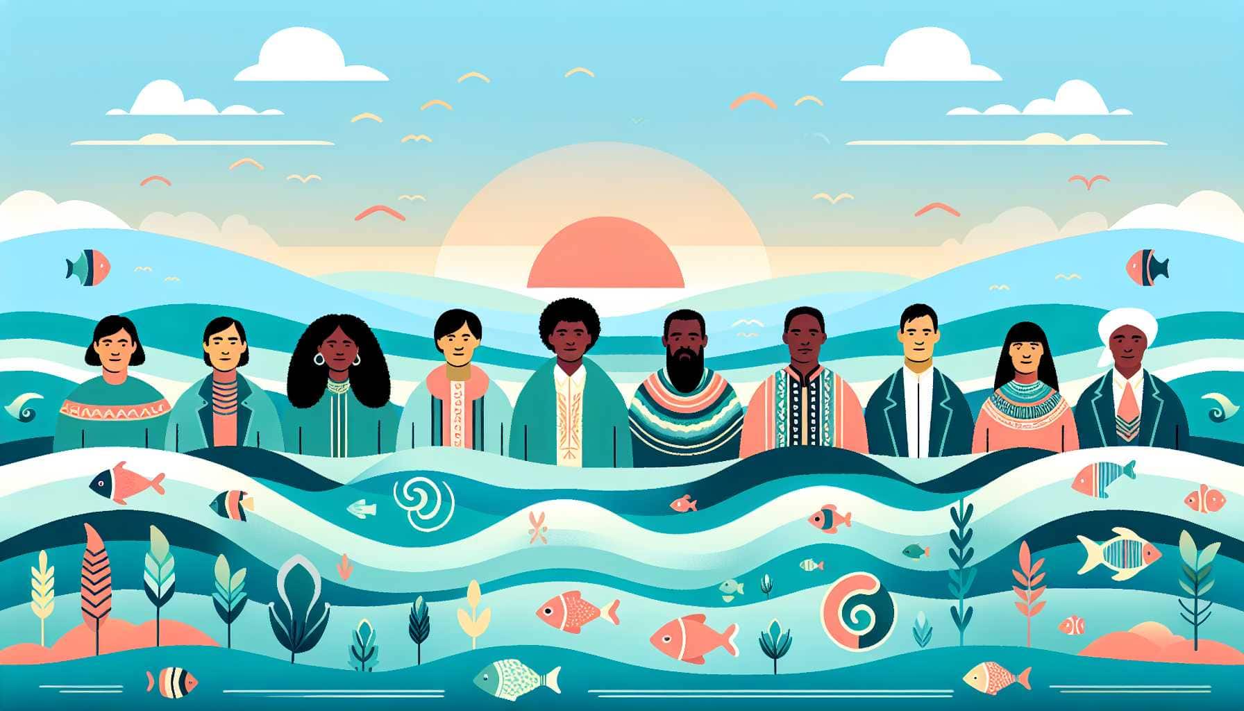 Illustration of indigenous leaders by the ocean