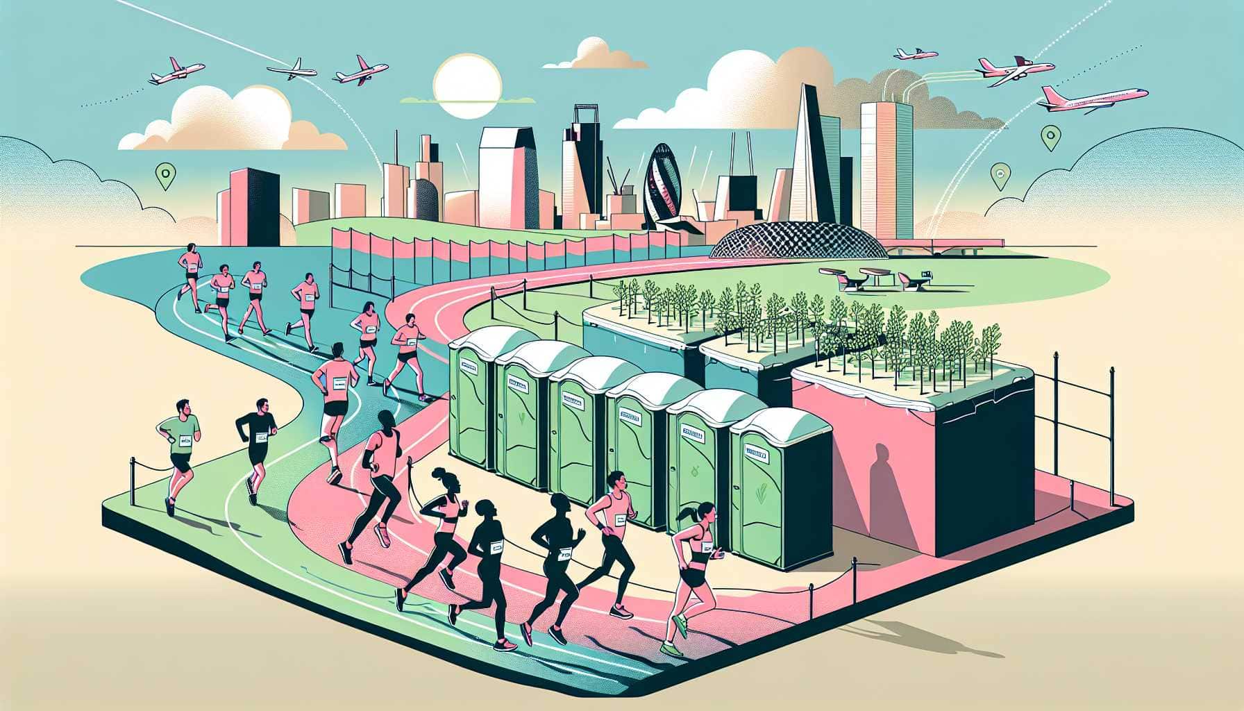 Illustration of marathon runners and toilets