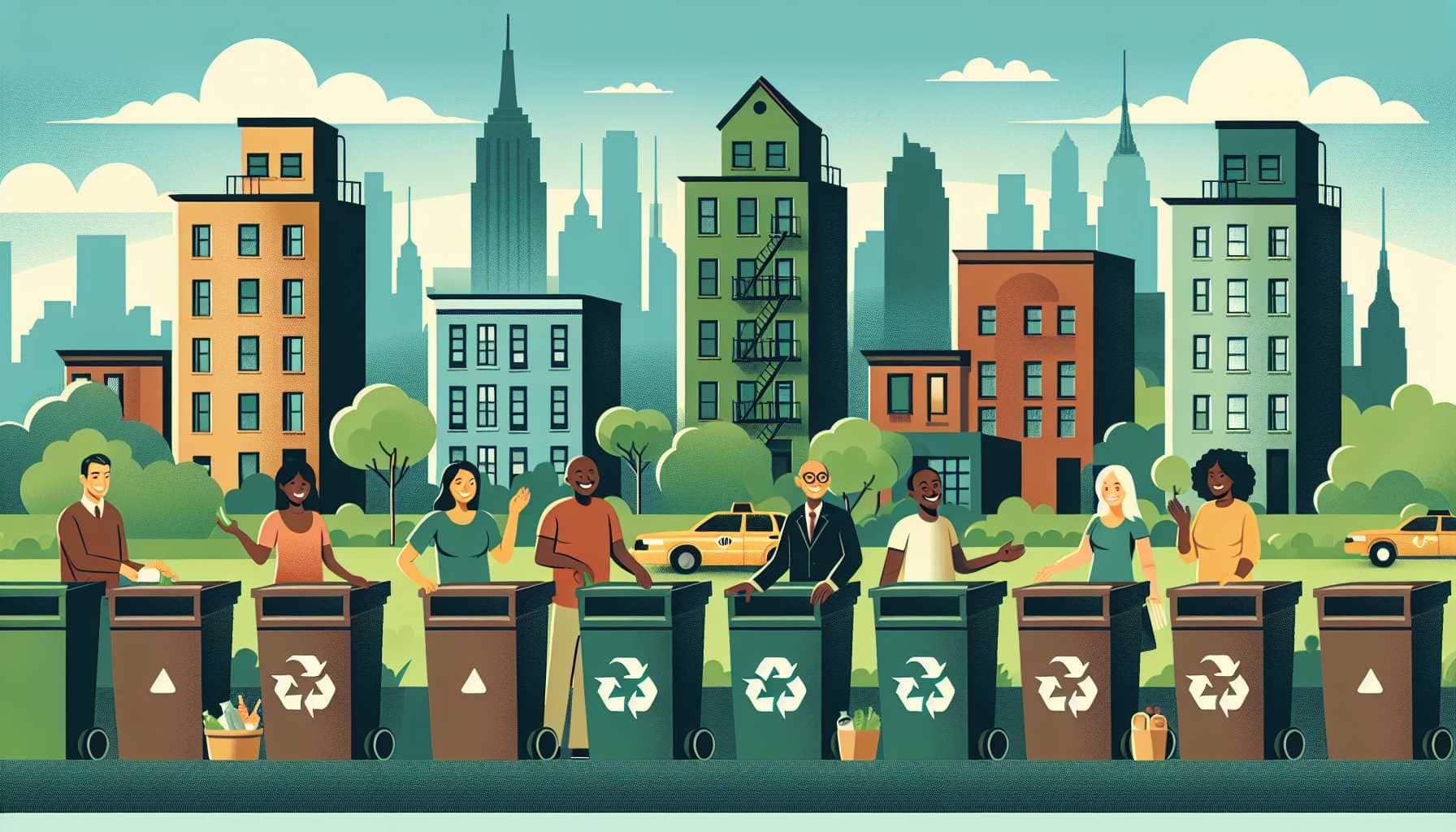 Illustration of New York City residents composting
