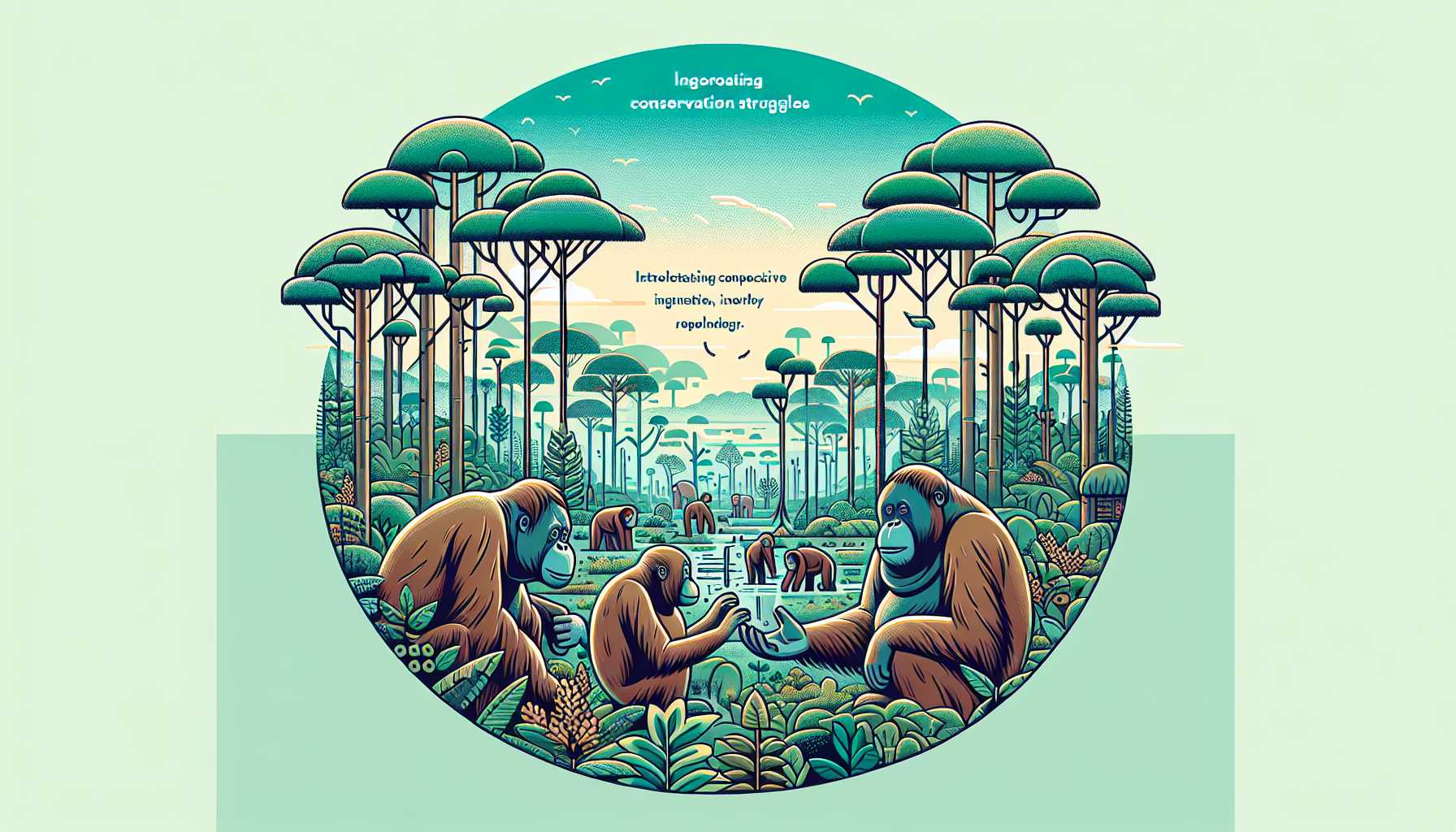 Illustration of orangutans in a rainforest
