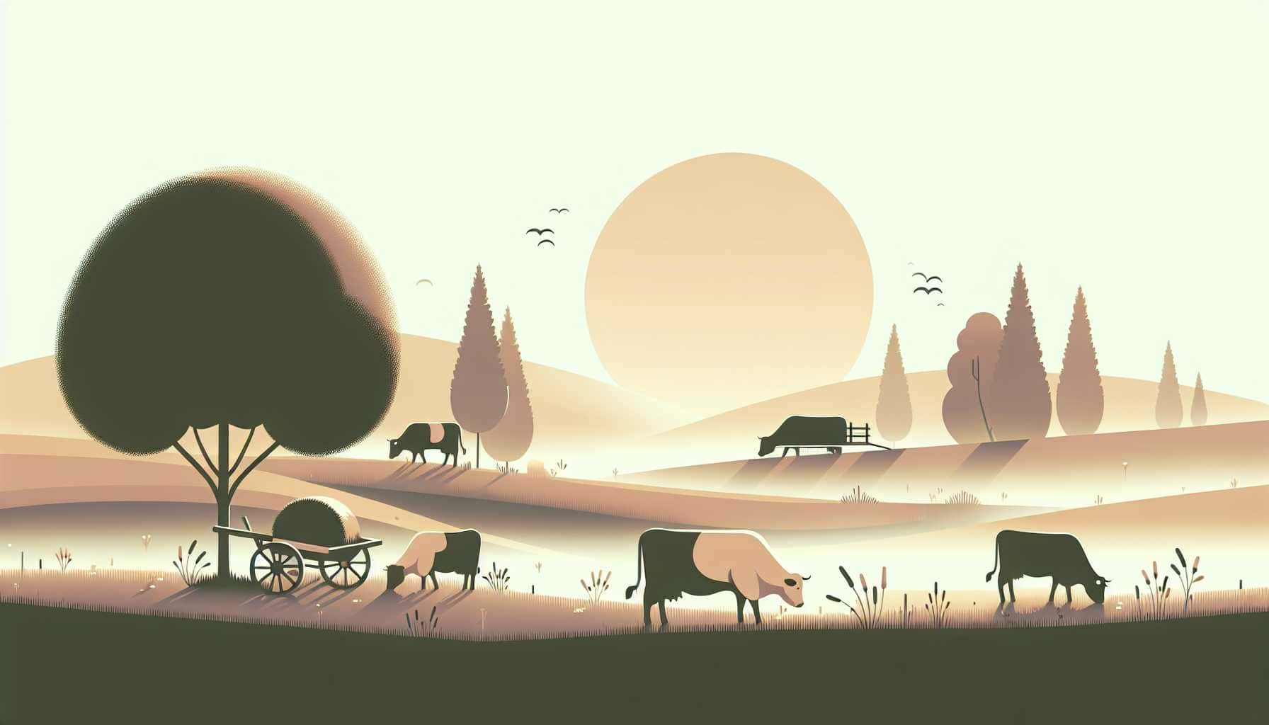 Illustration of peaceful grazing cows