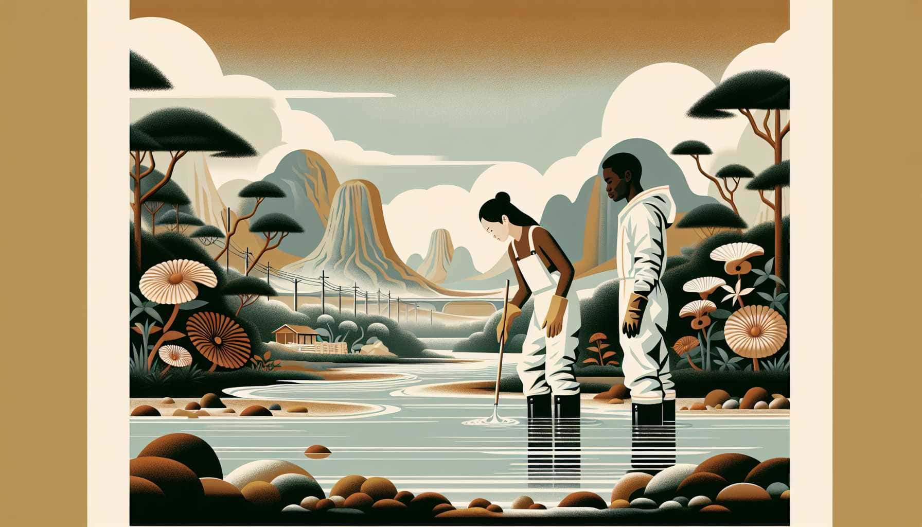 Illustration of two people by stream