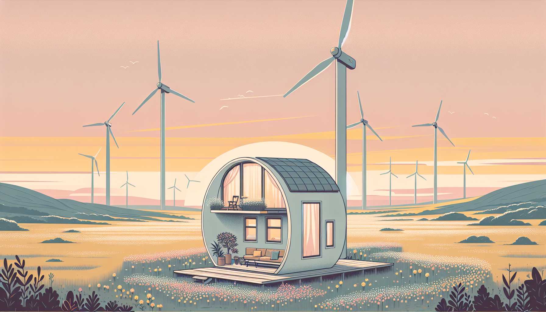 Illustration of a tiny home from a wind turbine