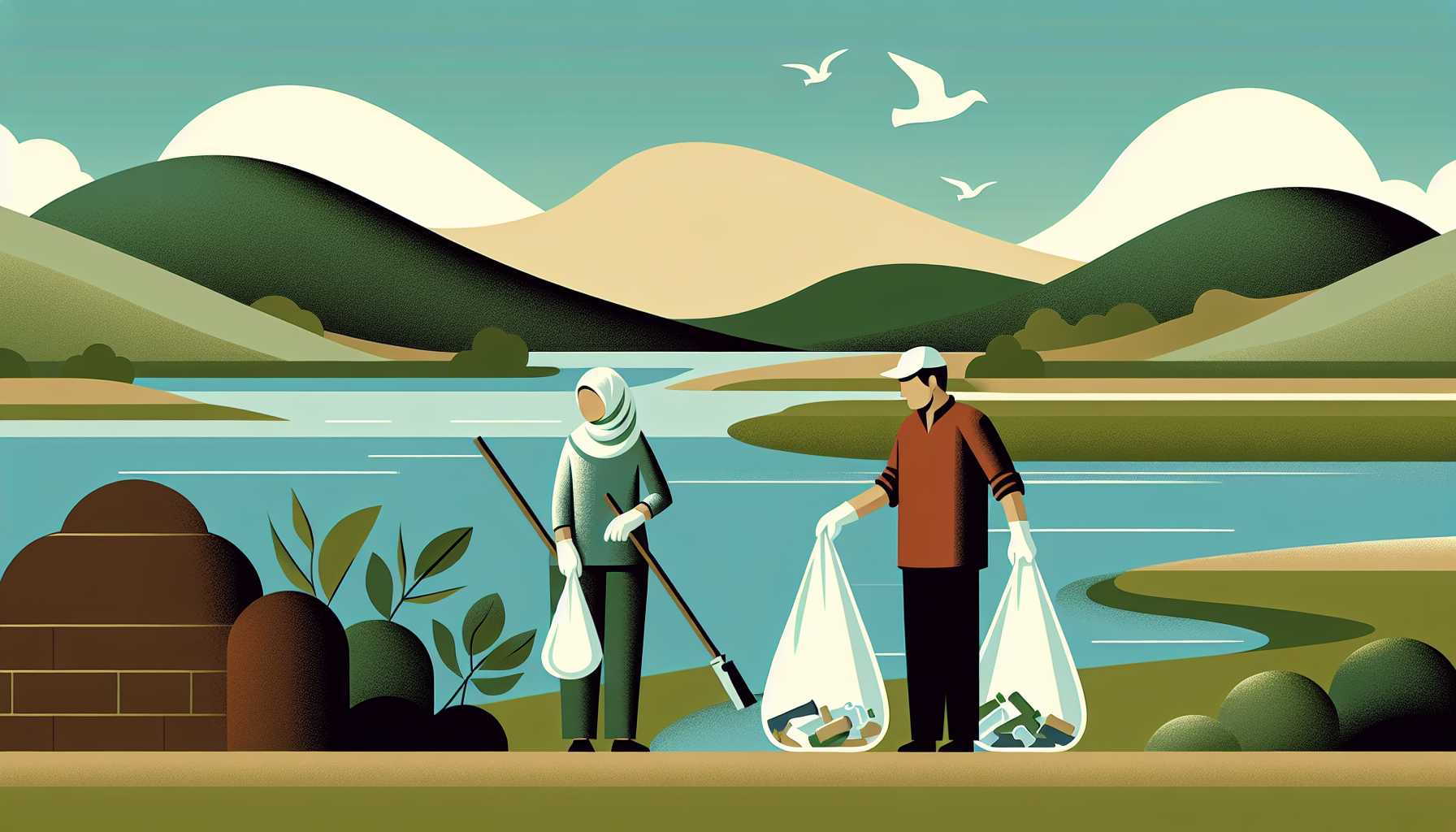Illustration of individuals cleaning wetlands
