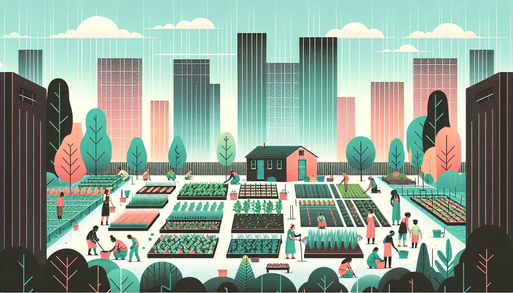 Illustration of a vibrant urban community garden