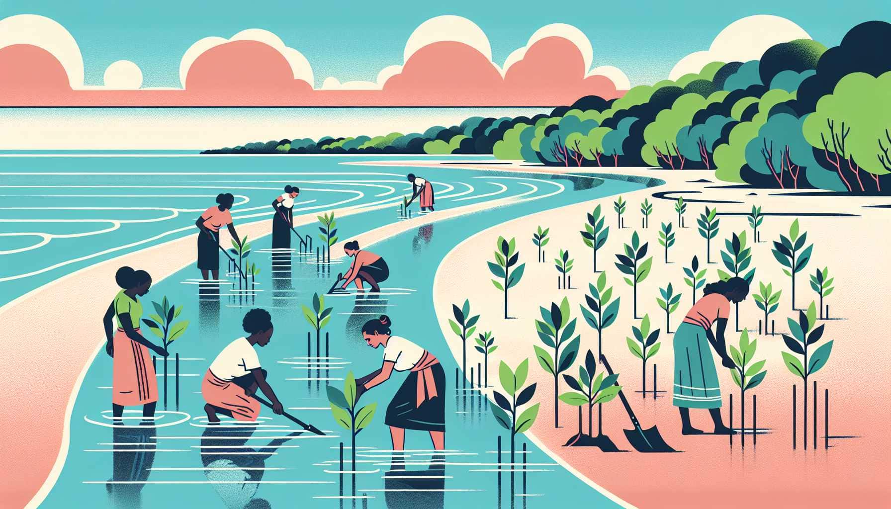 Illustration of women planting mangroves