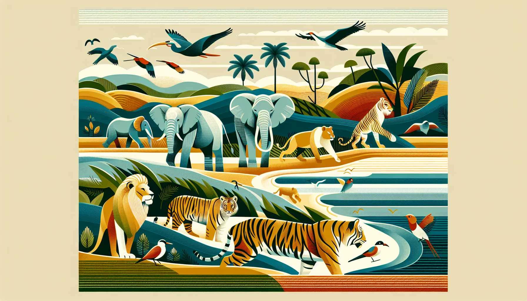 Illustration of diverse animals journeying