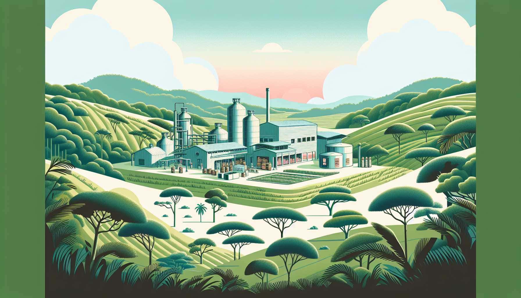 Illustration of a rum distillery surrounded by trees
