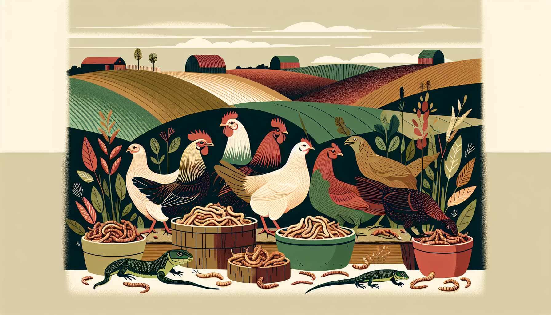Illustration of chickens and lizards eating mealworms