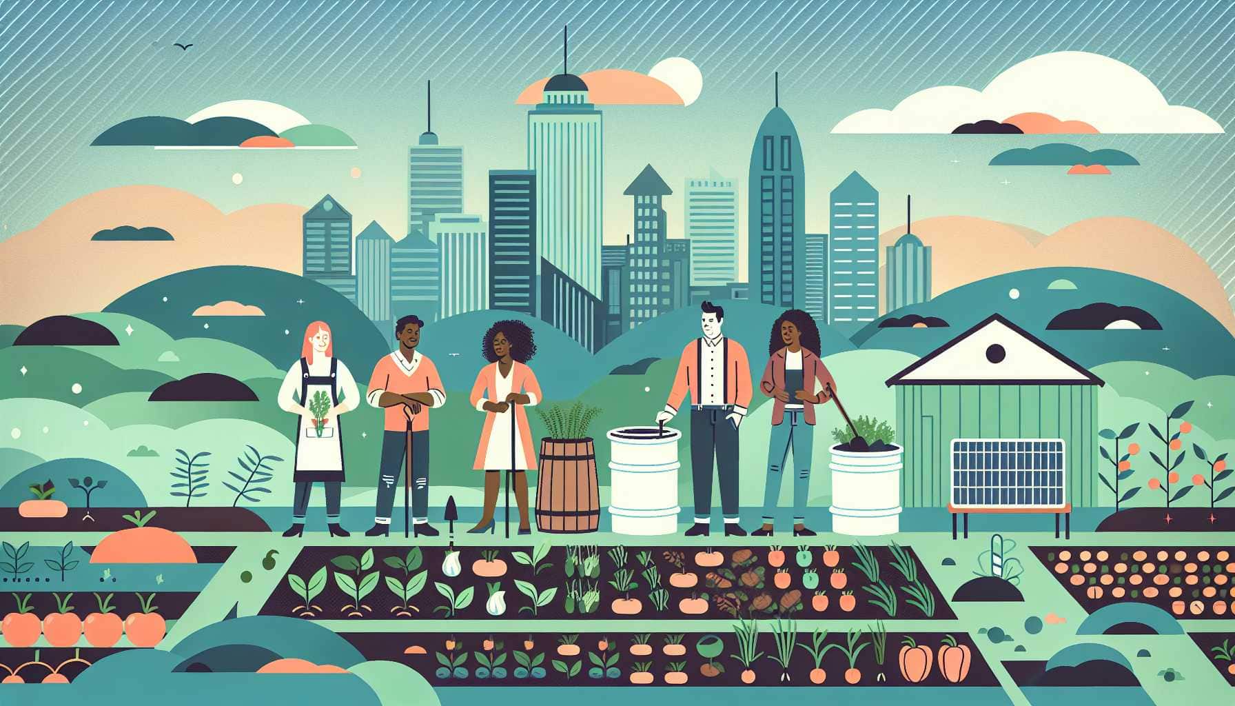 Illustration of diverse people in a garden