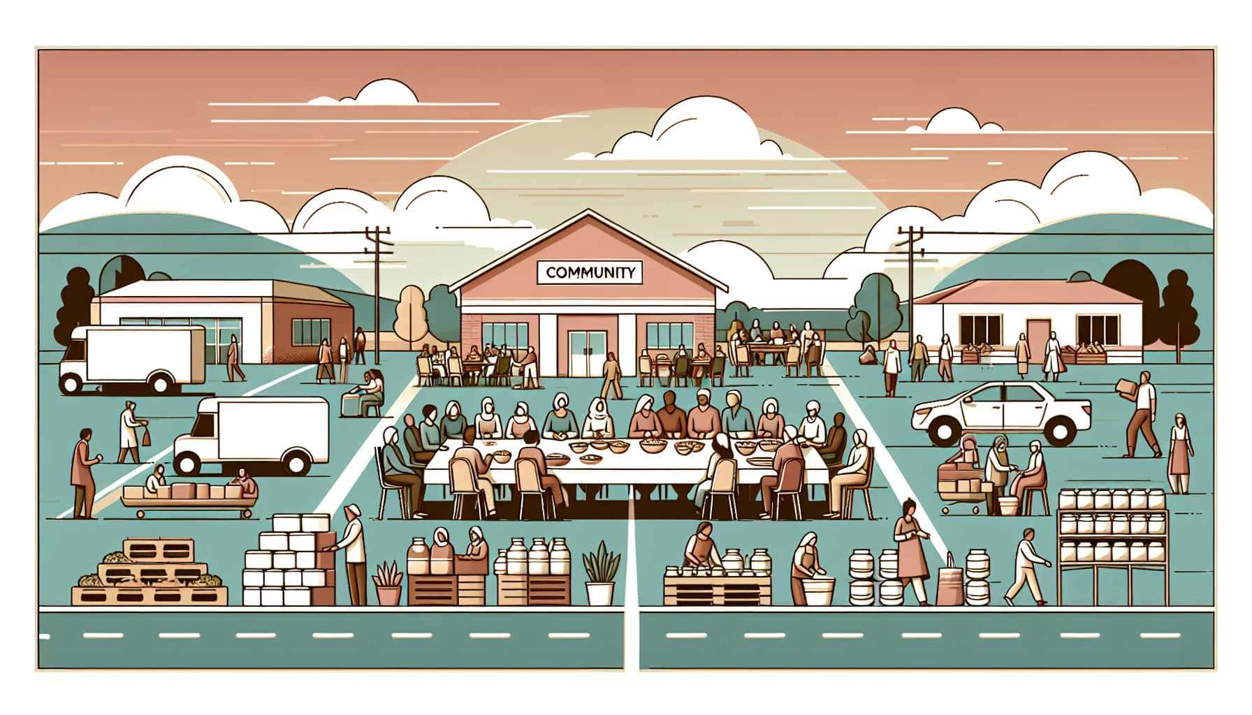 Illustration of community hub sharing food