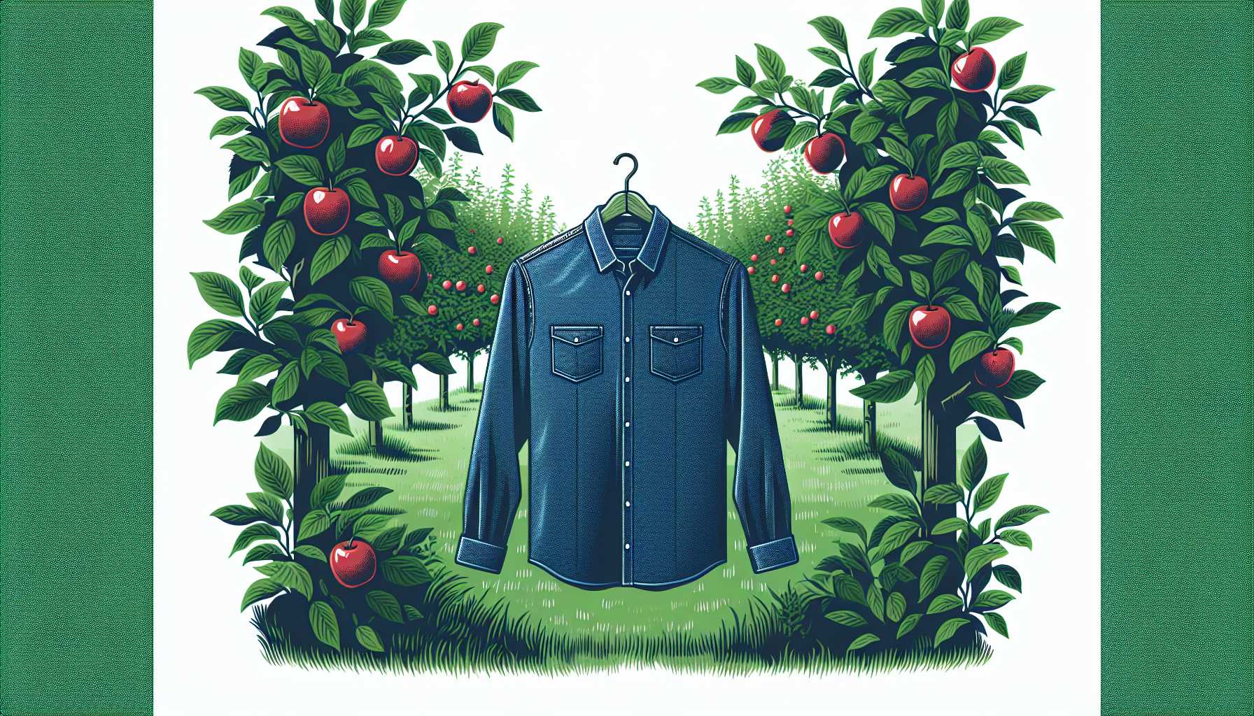 Illustration of a denim shirt hanging among apple trees