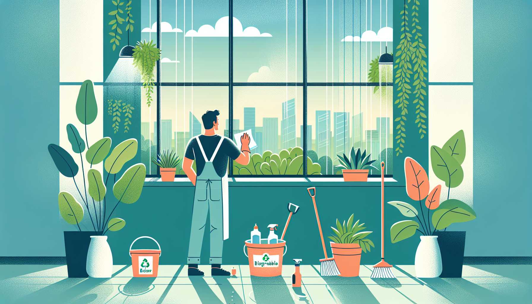 Illustration of a worker cleaning windows
