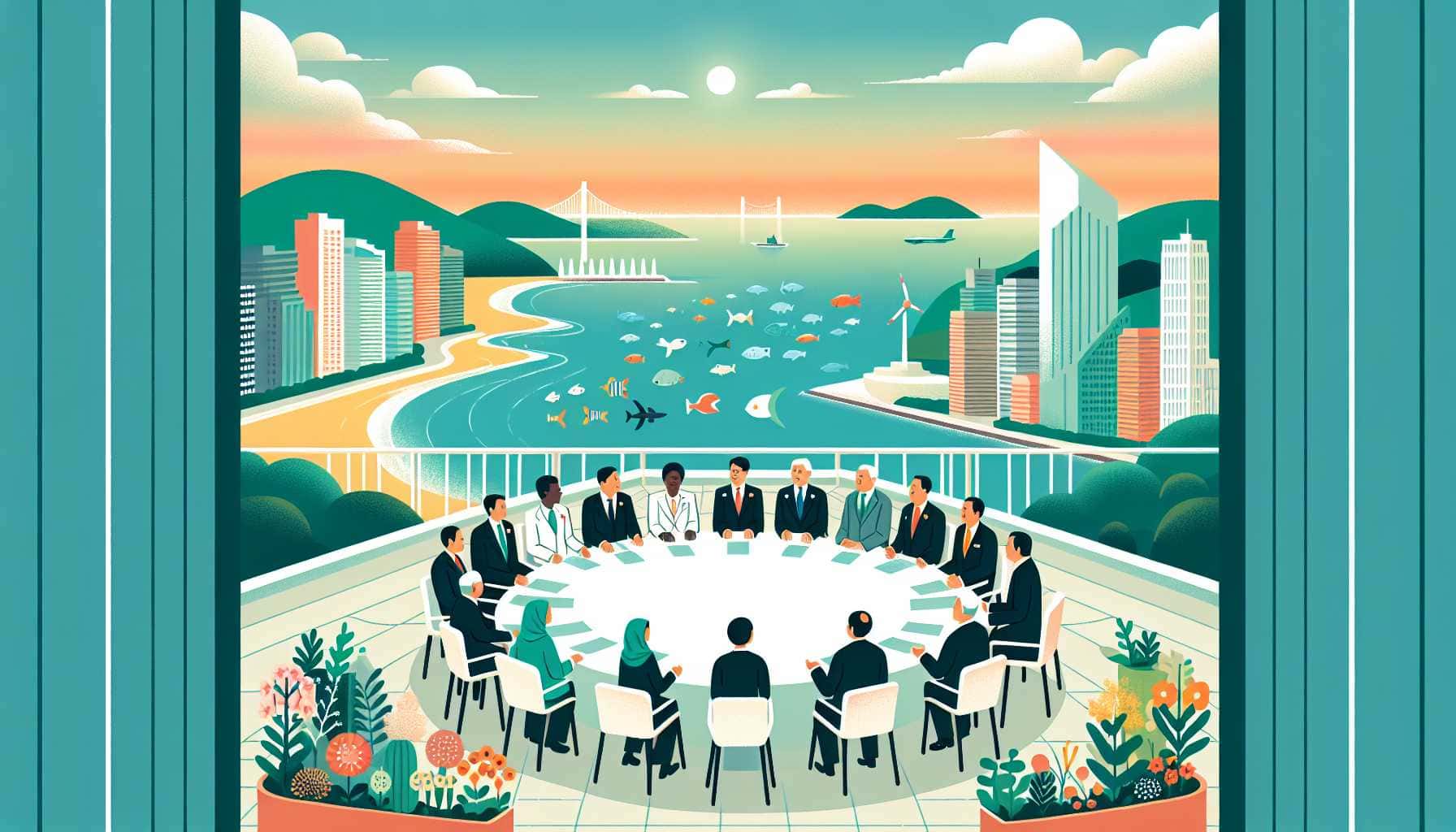 Illustration of international representatives at round table