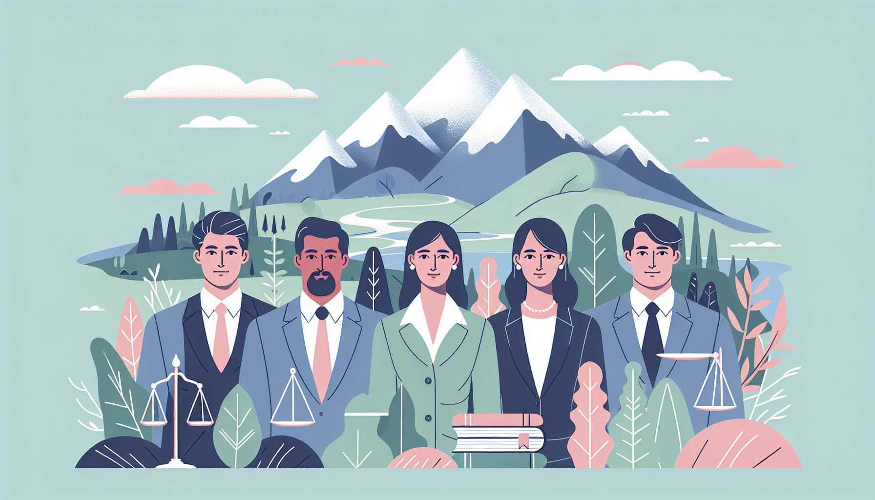 Illustration of lawyers with mountains