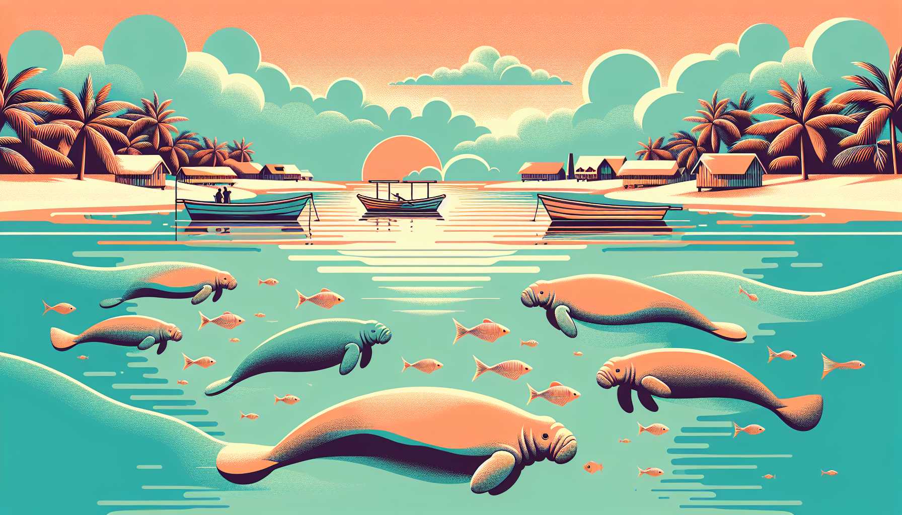 Illustration of manatees swimming peacefully