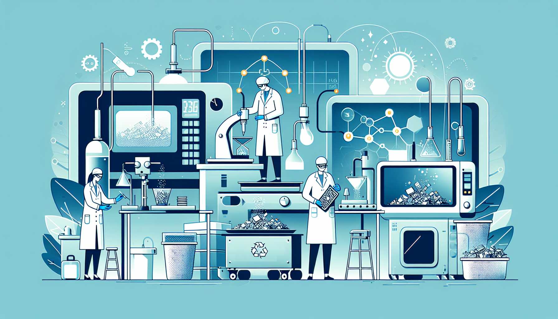 Illustration of modern researchers extracting minerals
