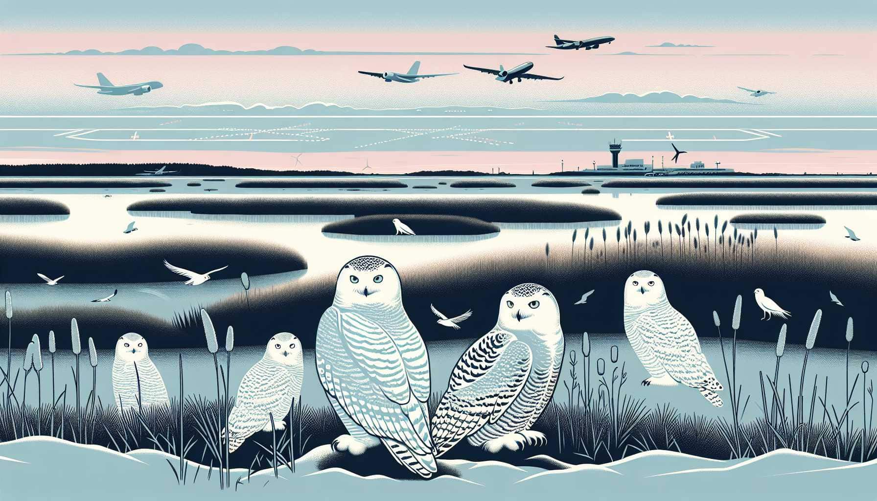 Illustration of snowy owls in airport