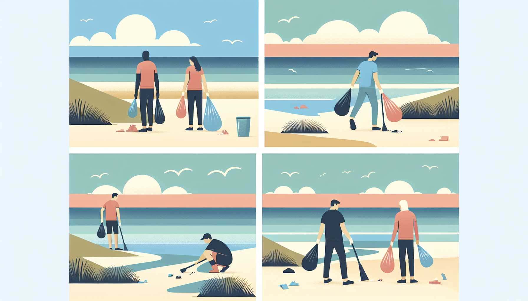 Illustration of beach cleanup scene