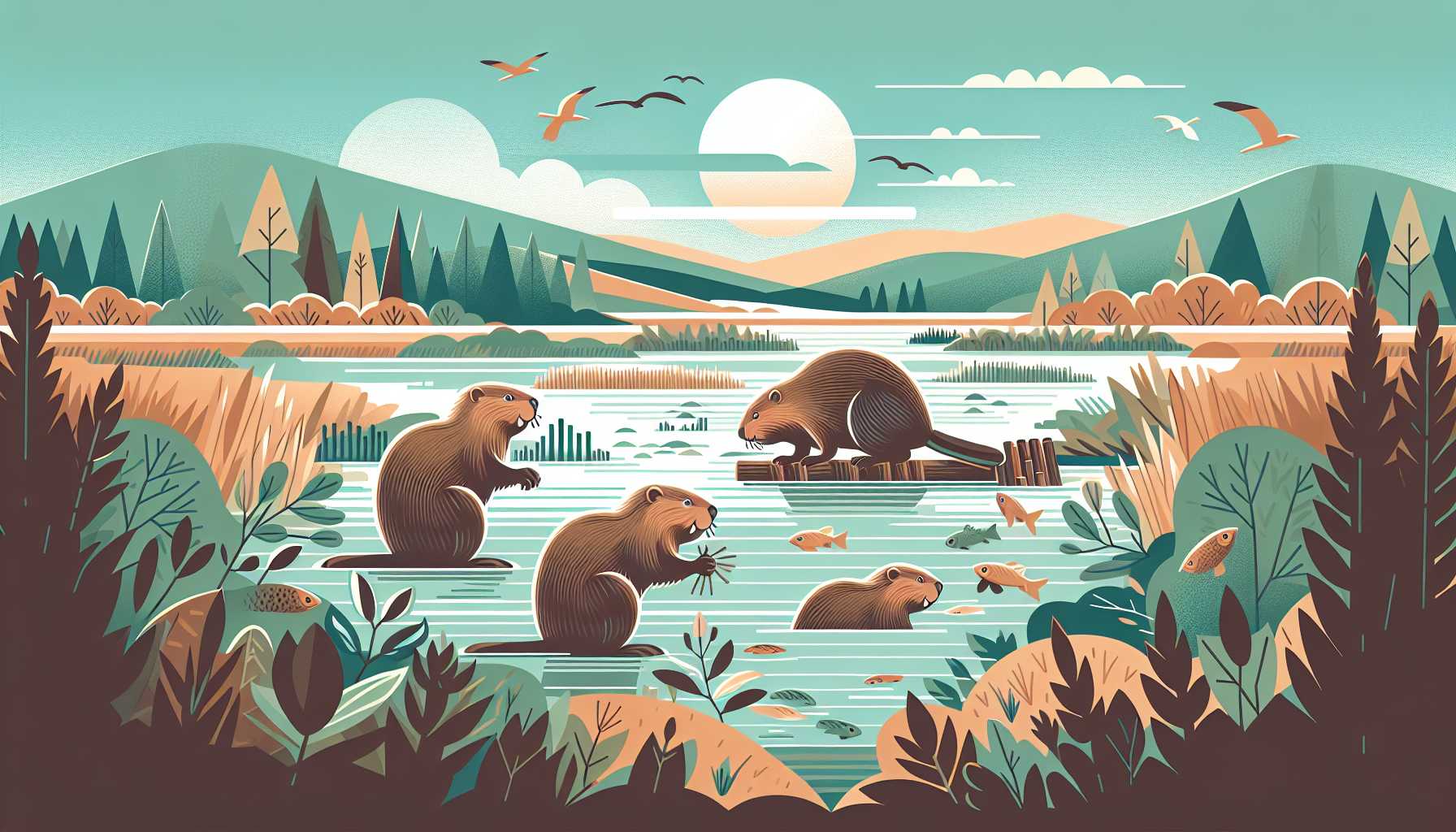 Illustration of beavers building a dam