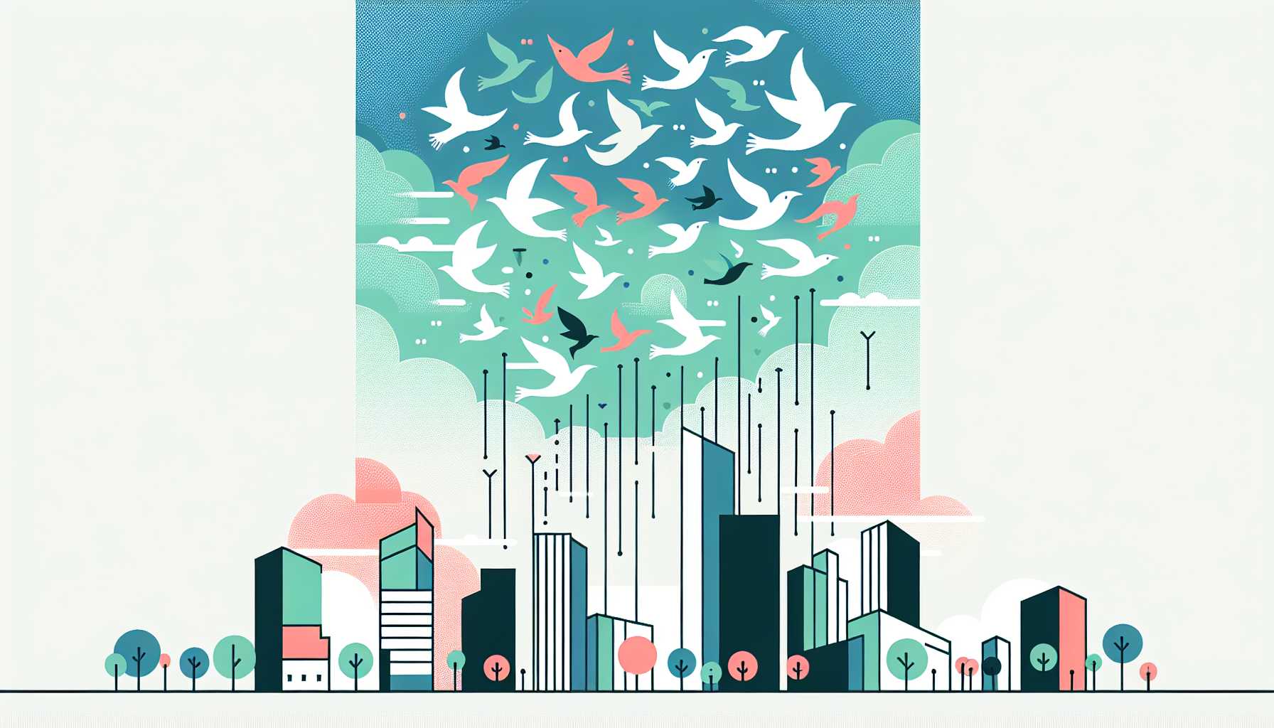 Illustration of birds soaring above city