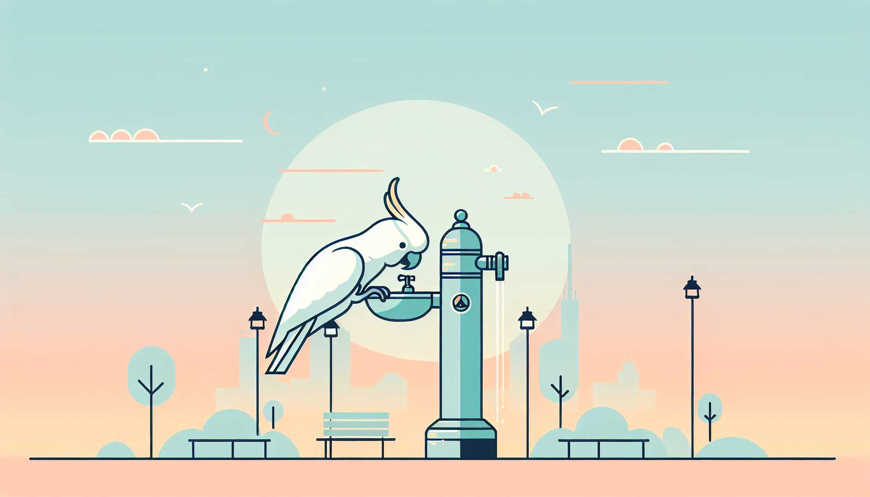 Illustration of cockatoos using fountain