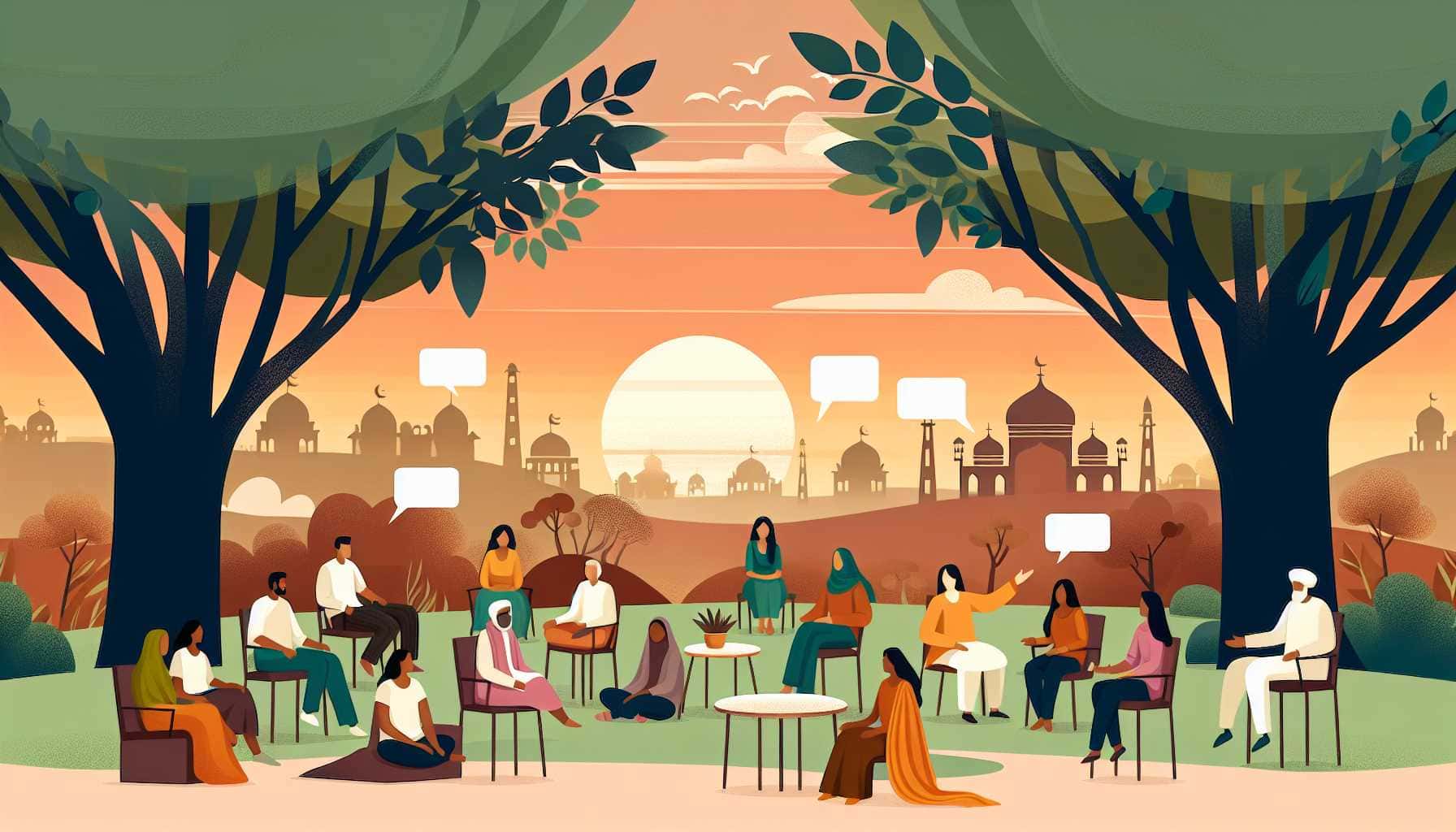 Illustration of diverse communities engaging in dialogue