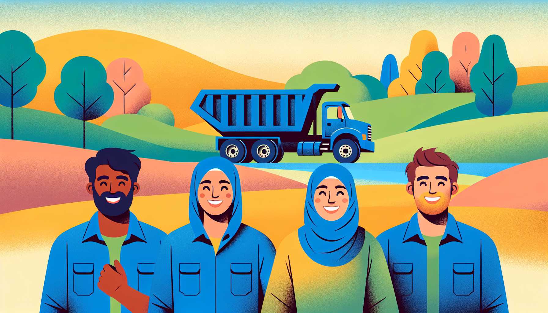 Illustration of a dump truck with smiling people