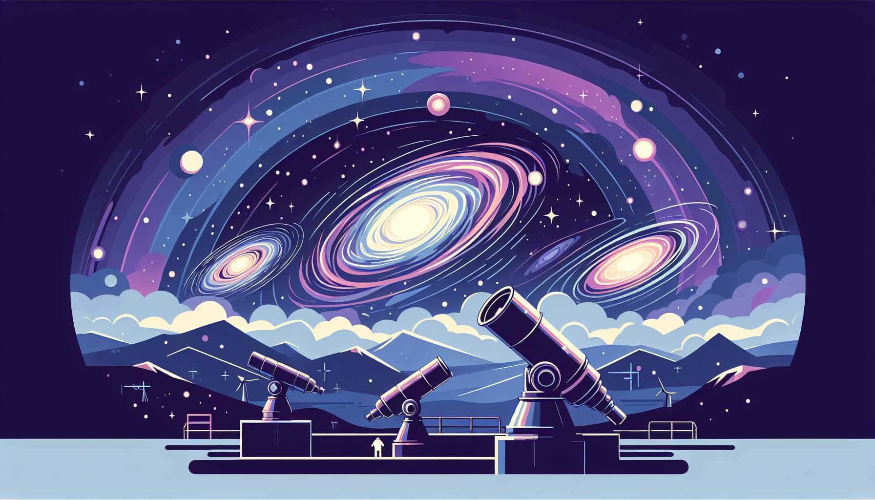 Illustration of galaxies viewed through telescope