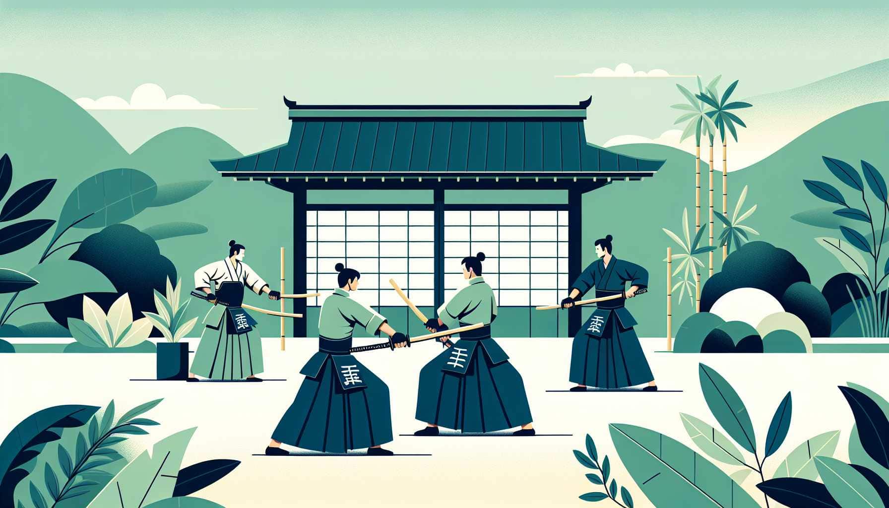 Illustration of Kendo practitioners outdoors