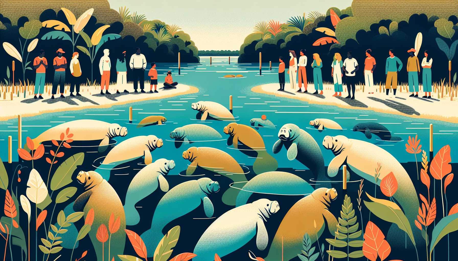 Illustration of manatees in estuary