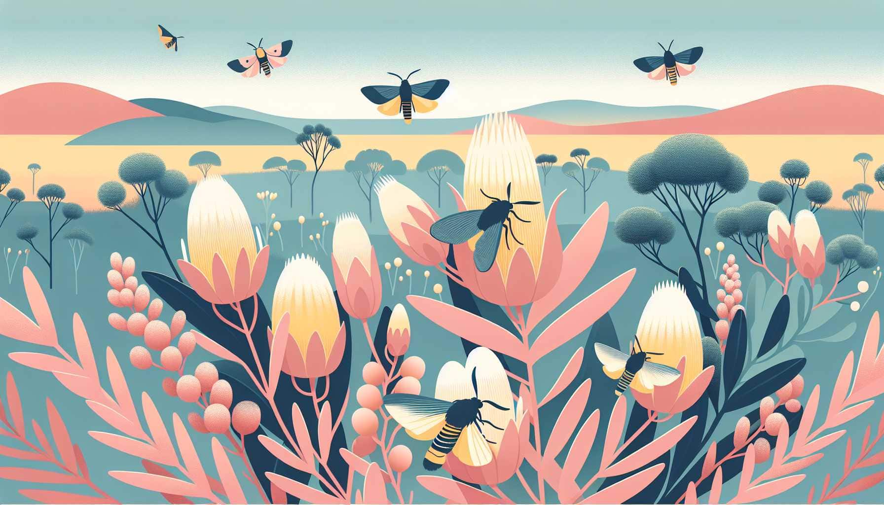 Illustration of boronia plants and moths