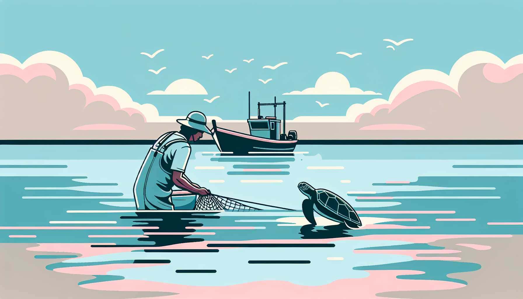 Illustration of a fisherman releasing a sea turtle