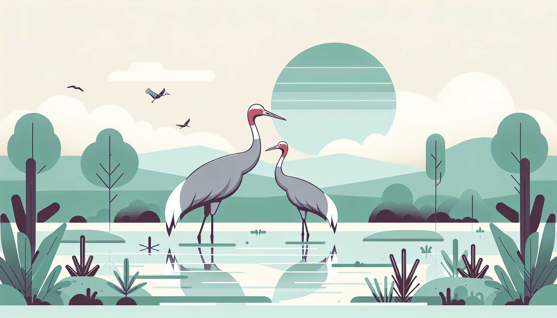 Illustration of sarus cranes in wetland