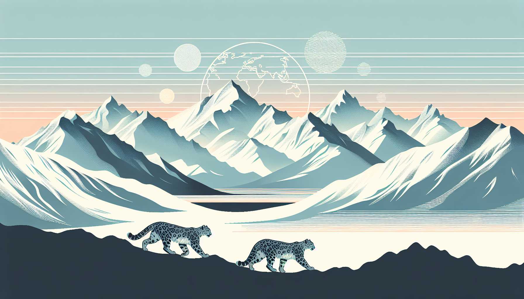 Illustration of snow leopards in mountains