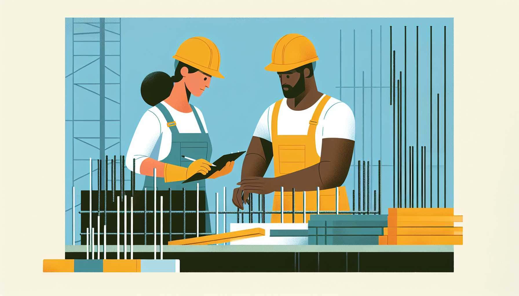 Illustration of construction workers examining rebar