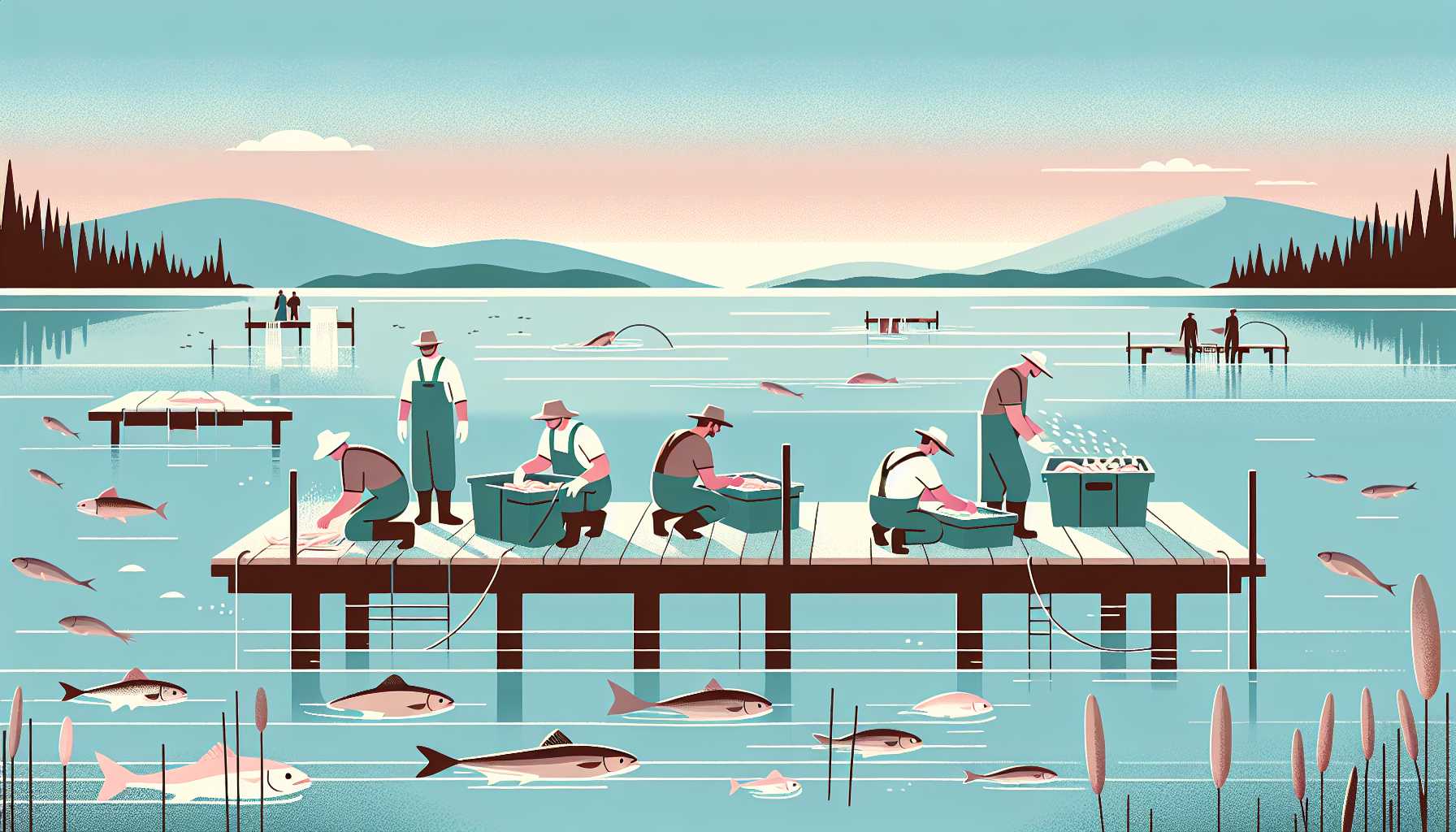 Illustration of fishers on dock
