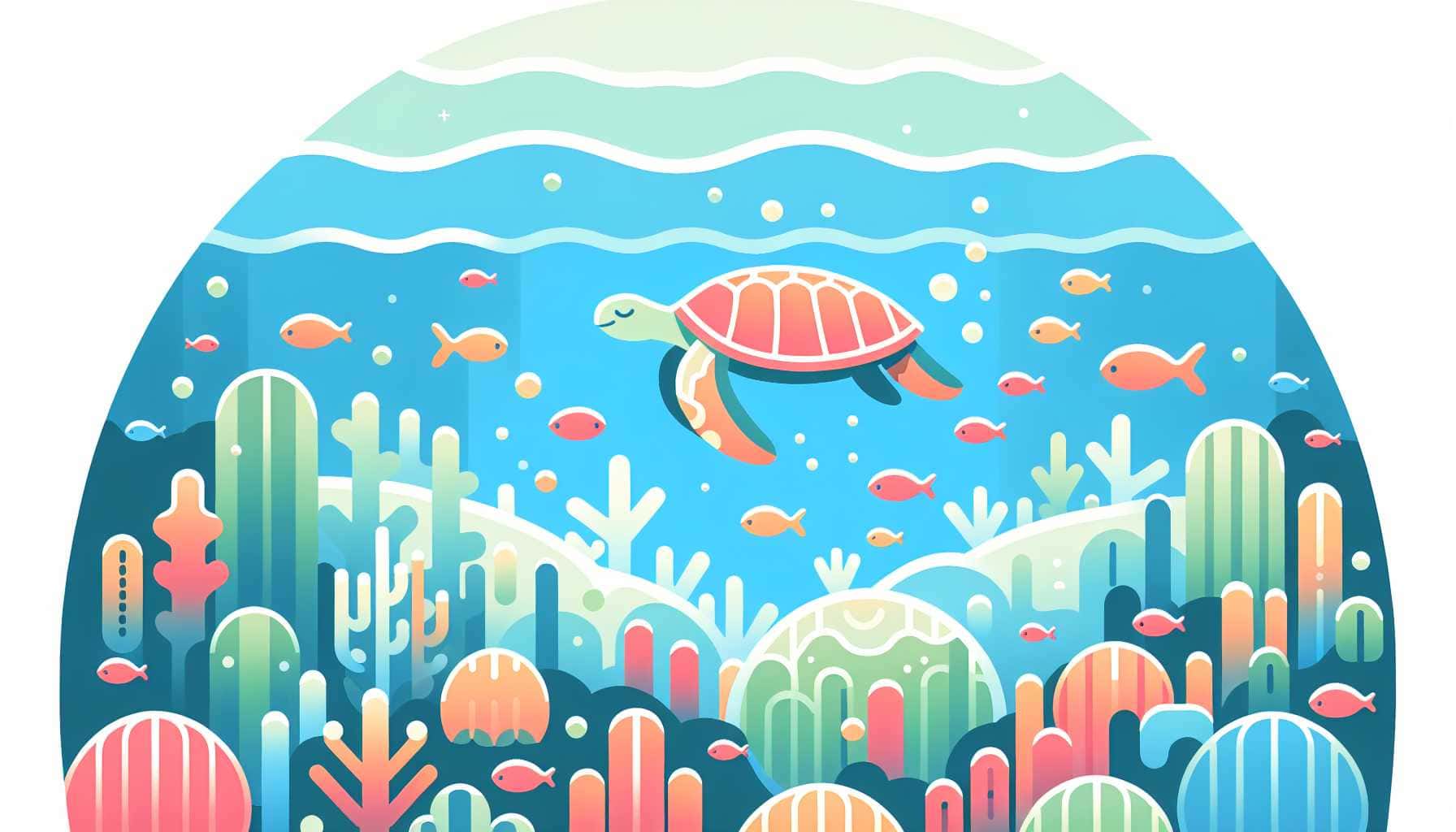 Illustration of turtle swimming among fish