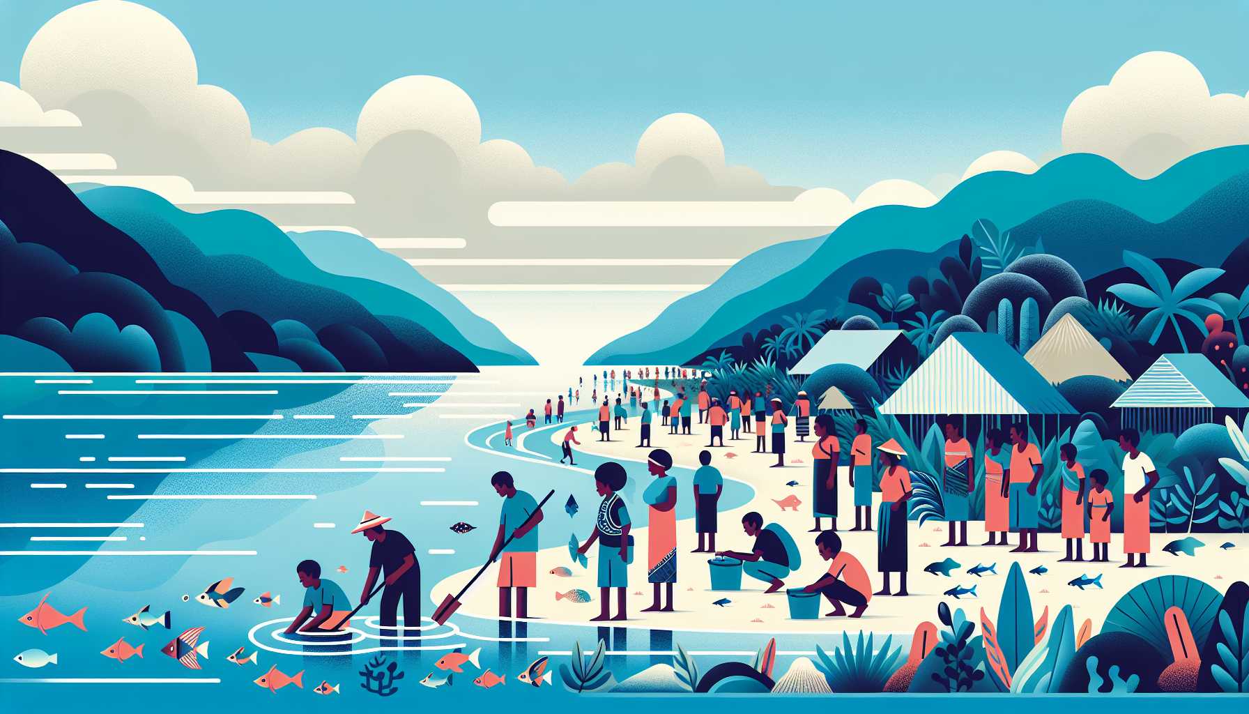 Illustration of villagers uniting for marine conservation
