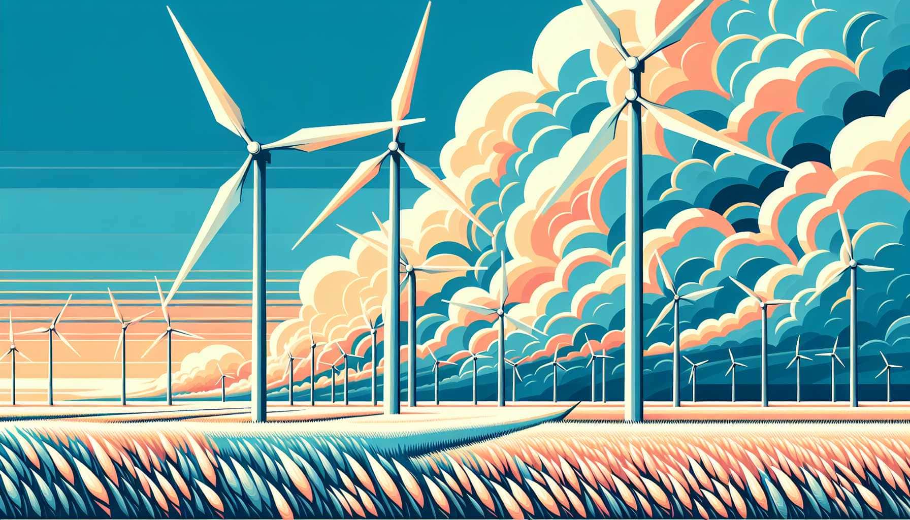 Illustration of wind turbines and clouds