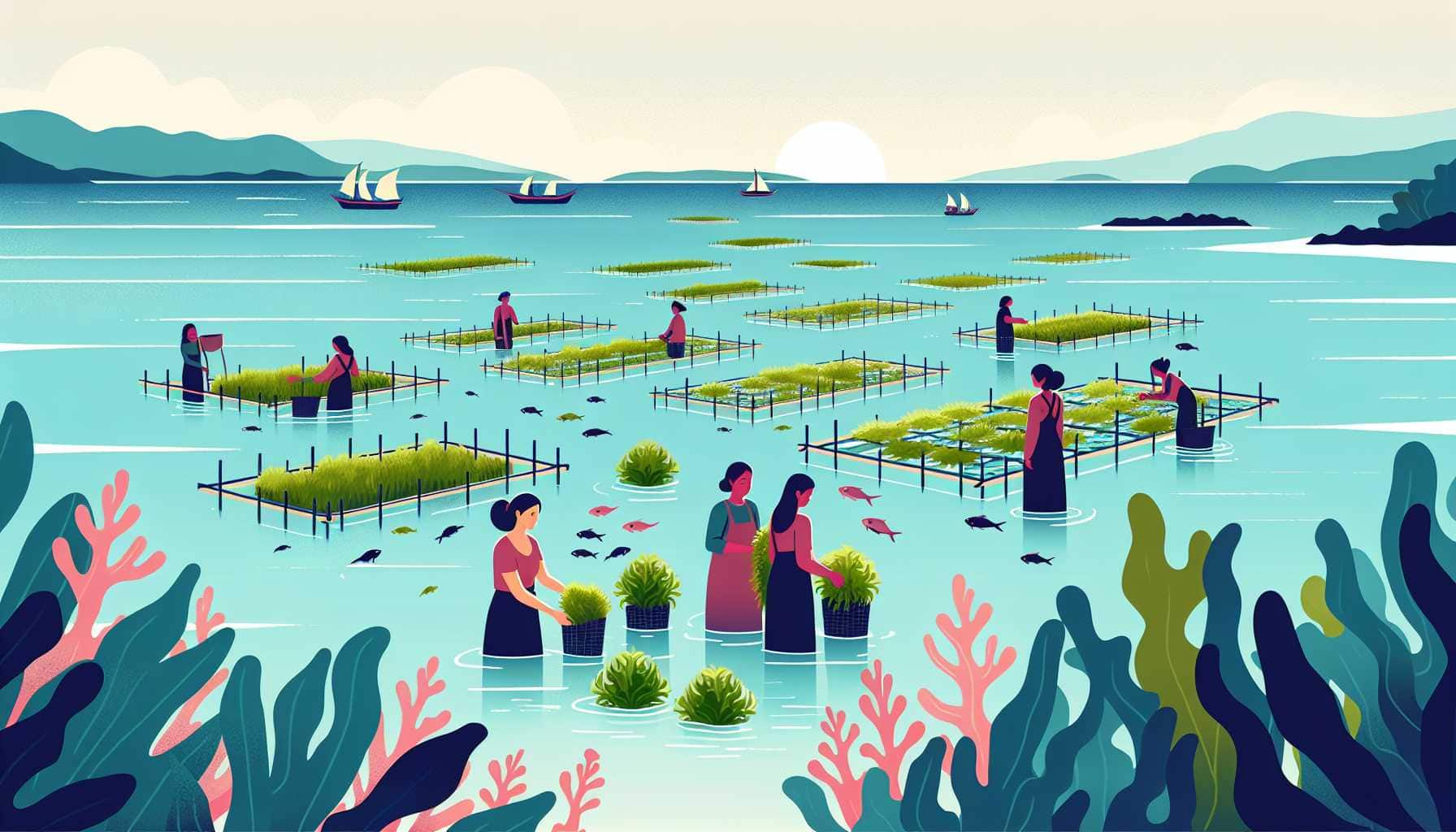 Illustration of women harvesting seaweed