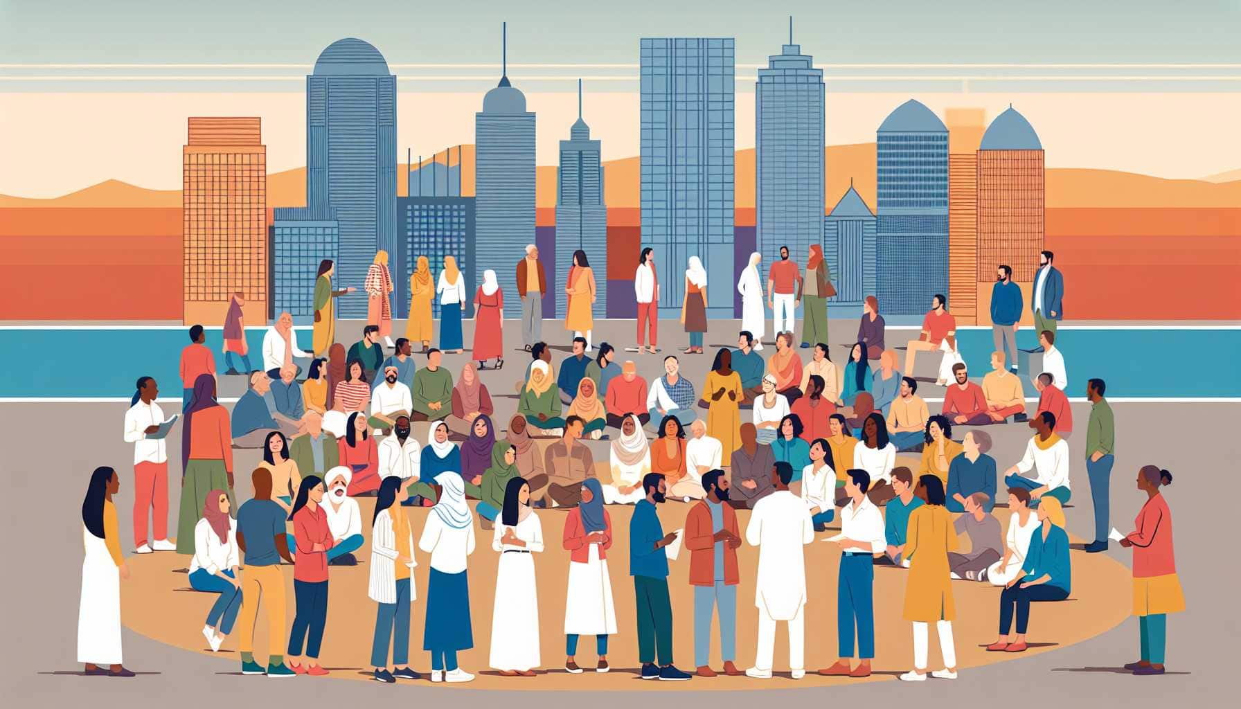 Illustration of a diverse group of people gathering in an urban setting