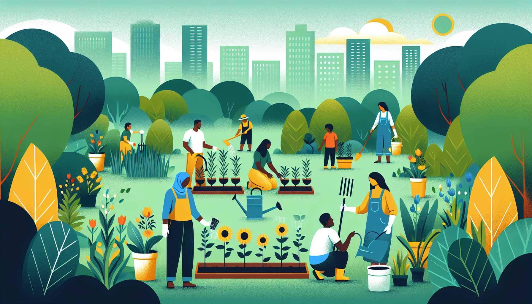 Illustration of community gardening scene