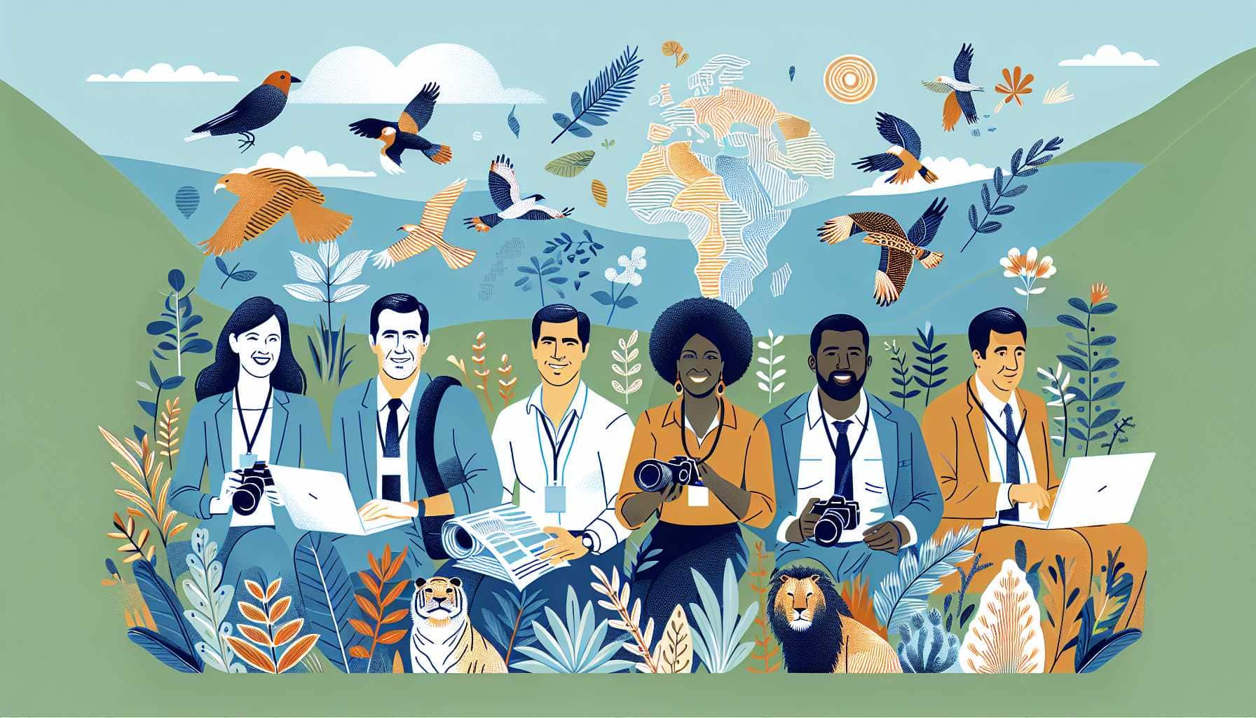 Illustration of diverse journalists engaging with nature