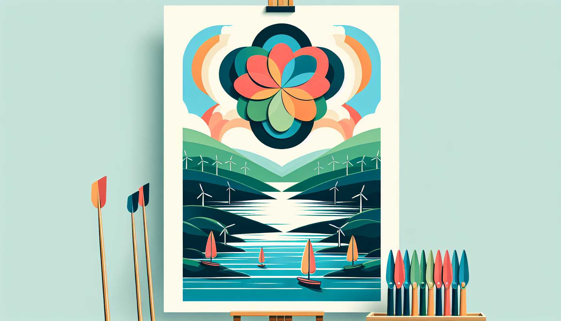 Illustration of colorful paddles on water