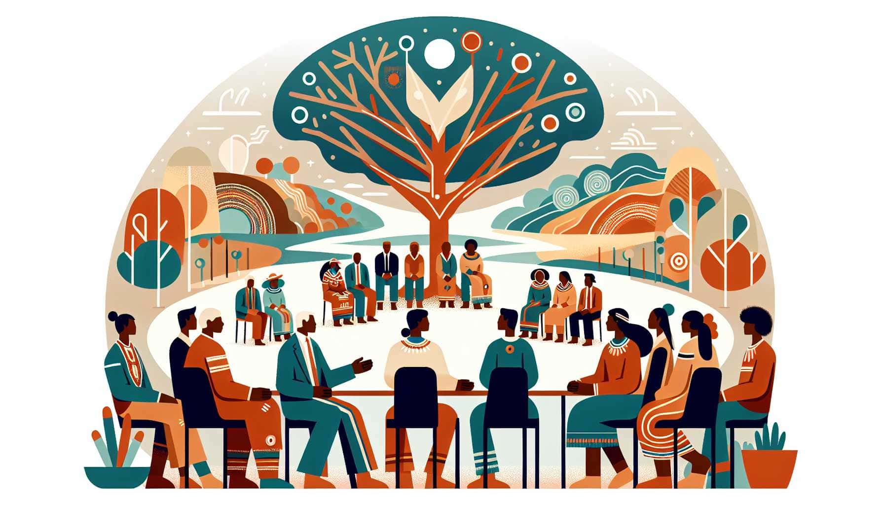 Illustration of Aboriginal leaders discussing under a tree